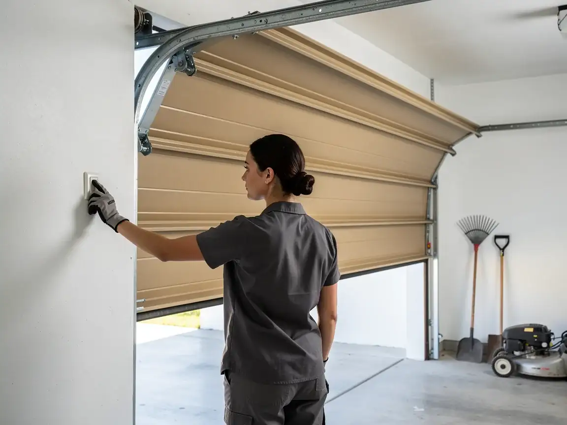 A technician in gray work clothes presses a button to open a tan garage door.