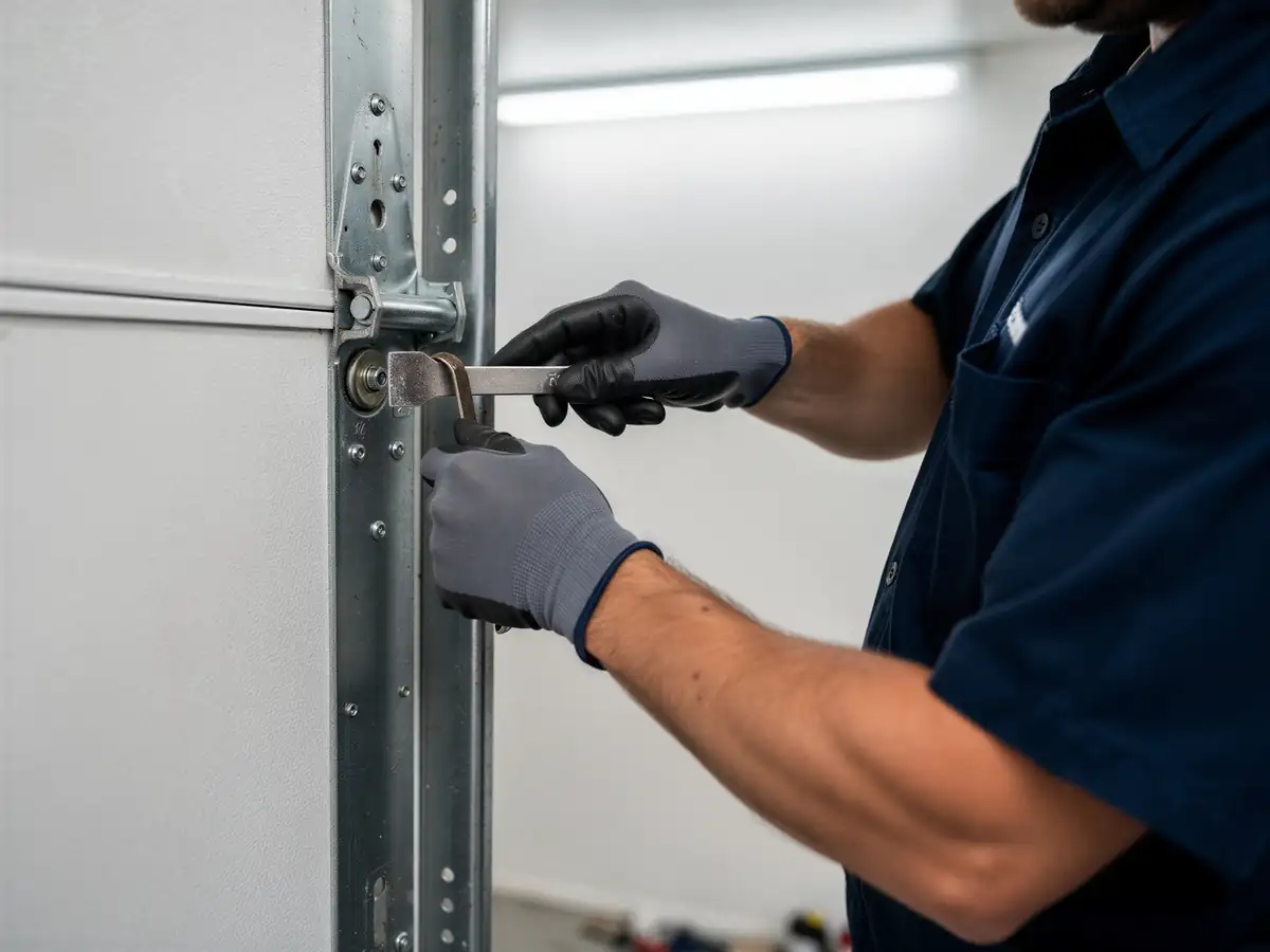 A technician in gloves adjusts a garage door roller with a tool.