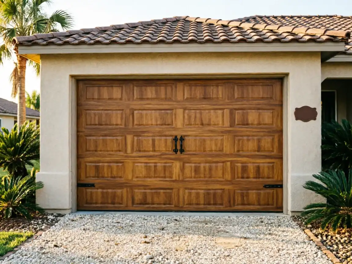 A brown wooden garage door with decorative hardware on a stucco house.